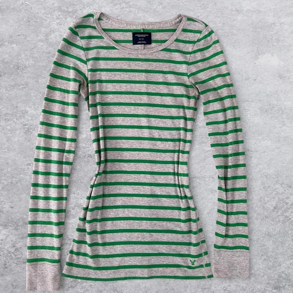 American Eagle Womens Long Sleeve Striped T-Shirt Green Grey Scoop Neck Medium